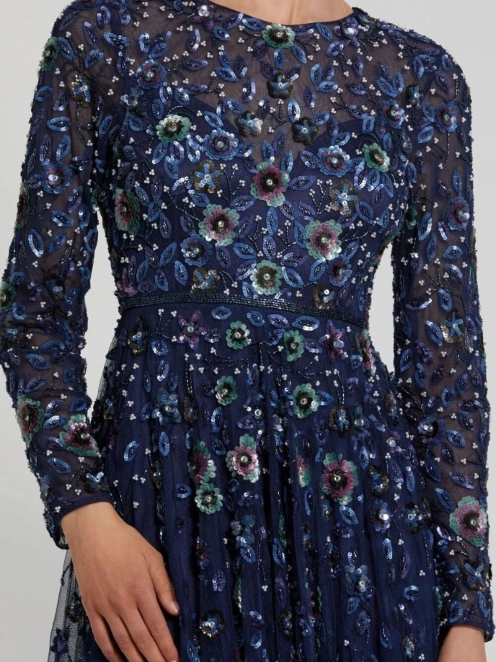 Mac Duggal Navy Blue Embellished High Neck Long Sleeve A Line Gown - Picture 3 of 3